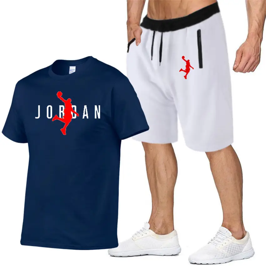 Men Printed Jordan T-Shirt & Shorts Set Light Blue Black
