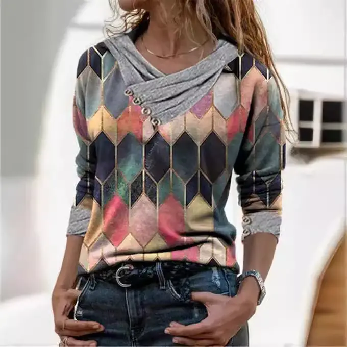 Women's Printed V-Neck Long Sleeve T-Shirt Top - Image 4