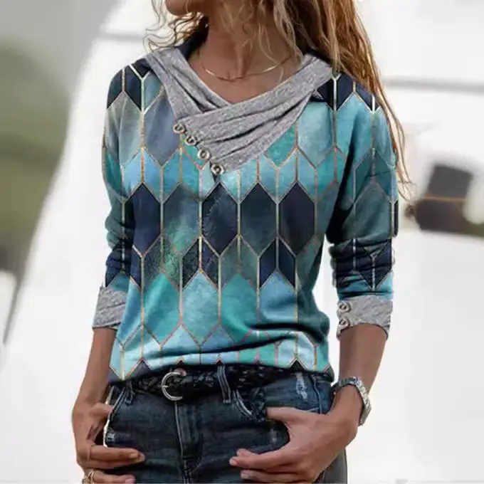 Women's Printed V-Neck Long Sleeve T-Shirt Top - Image 5
