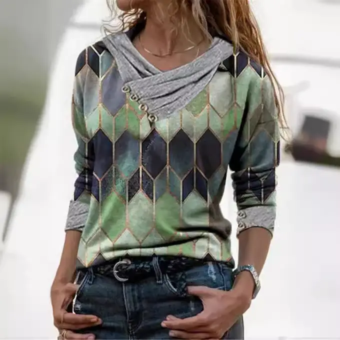 Women's Printed V-Neck Long Sleeve T-Shirt Top - Image 6