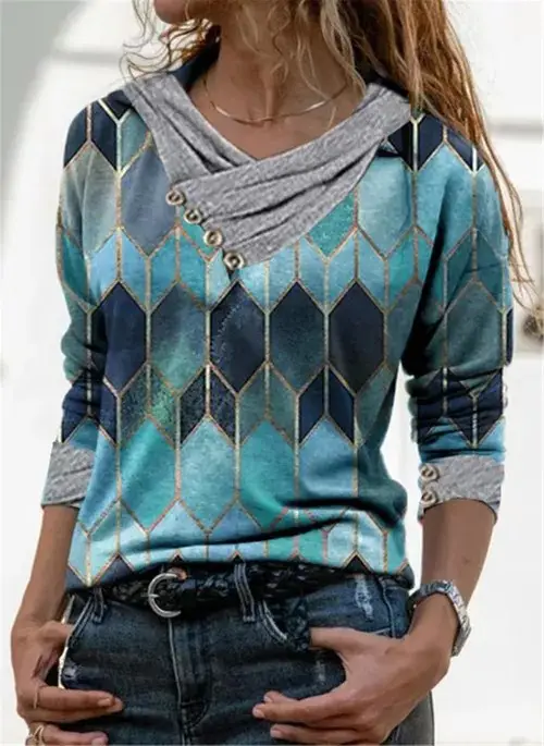 Women's Printed V-Neck Long Sleeve T-Shirt Top - Image 2