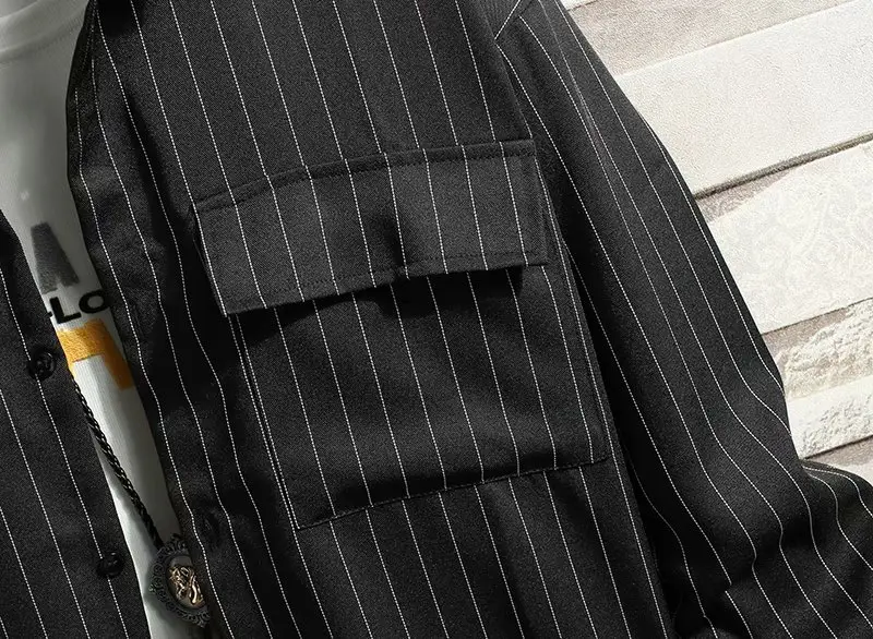 Men Long Sleeve Striped Shirt Black Loose Fit - Image 4