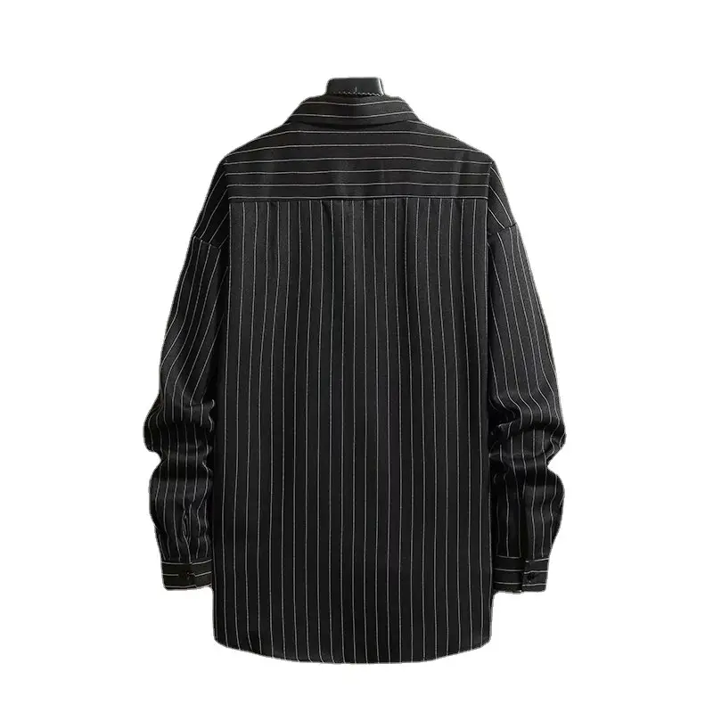 Men Long Sleeve Striped Shirt Black Loose Fit - Image 5