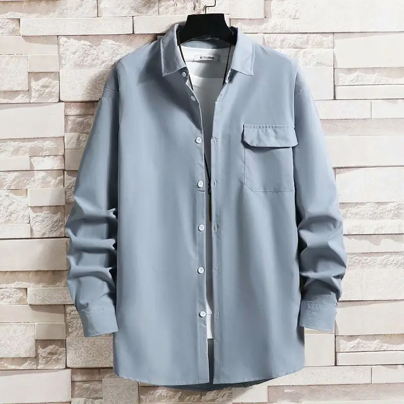 Men's Long Sleeve Shirt Grey Japanese Hong Kong Style Loose Collar Business Home Korean Style Pocket Fashion - Image 2