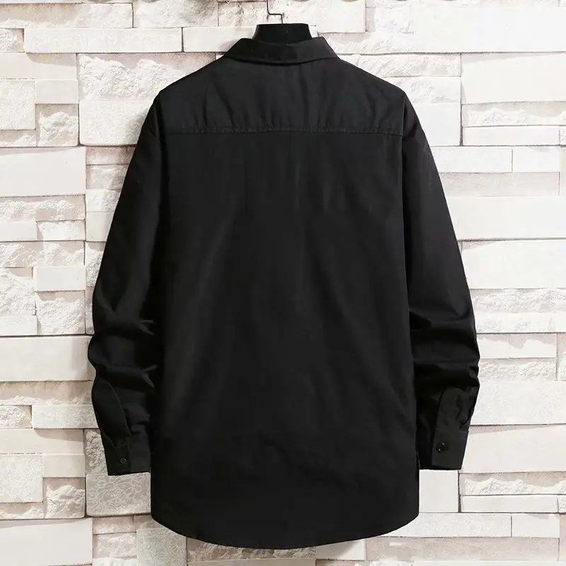 Men's Long Sleeve Shirt Grey Japanese Hong Kong Style Loose Collar Business Home Korean Style Pocket Fashion - Image 3