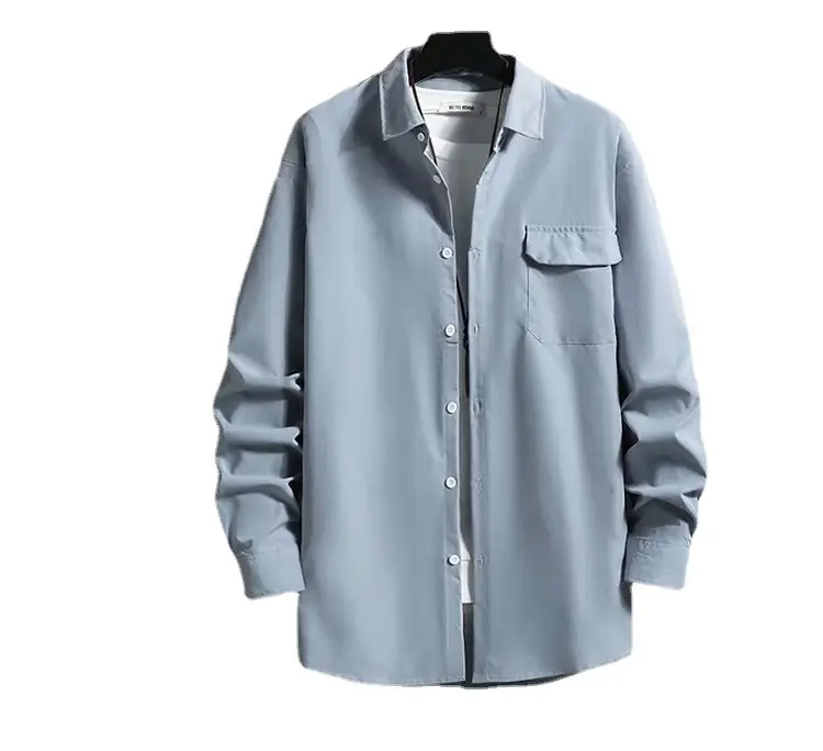 Men's Long Sleeve Shirt Grey Japanese Hong Kong Style Loose Collar Business Home Korean Style Pocket Fashion - Image 5