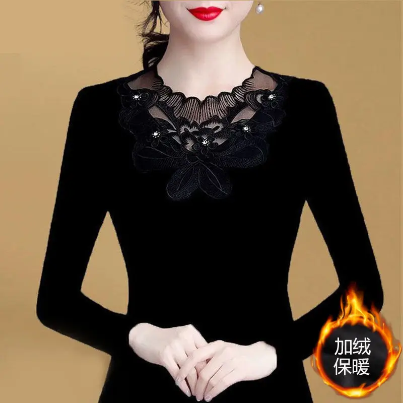 Black Lace Fleece Lined Women's Shirt 2025 - Image 2