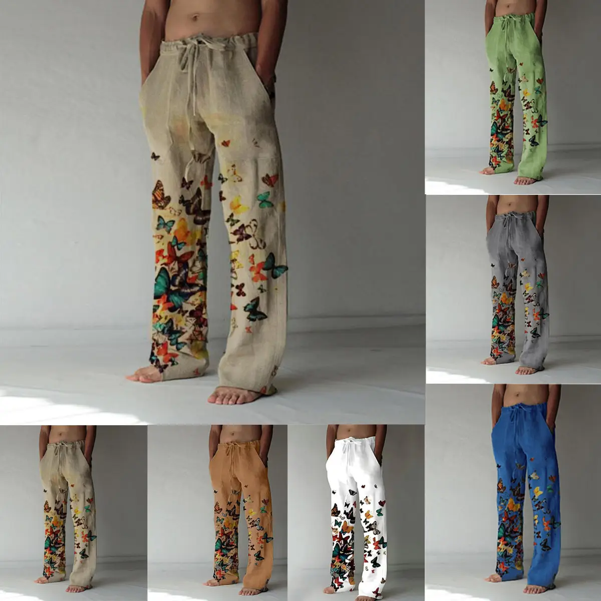 Men's Butterfly Print Cotton Linen Pants Loose Fit Tan - Image 7