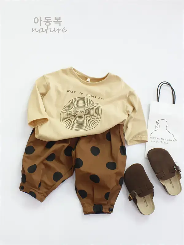 Kids Korean Style Printed T-Shirt Set Brown Polka Dot Pants - Image 5