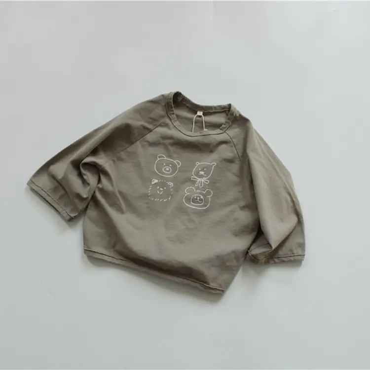 2026 Spring Boys Girls Long Sleeve T-Shirt Brown Grey Loose Fit - Image 2