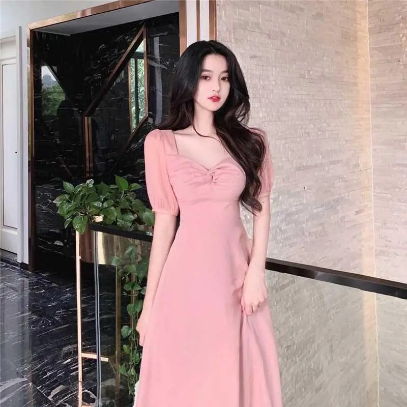 French Square Collar Twist Dress for Girls Pink 2025 - Image 2