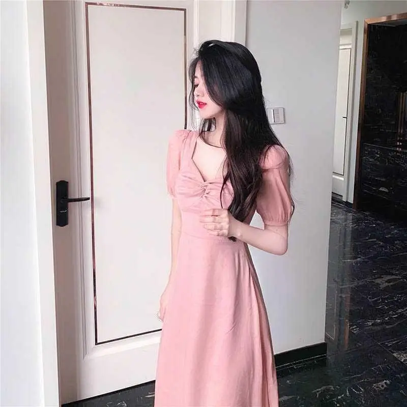 French Square Collar Twist Dress for Girls Pink 2025 - Image 3
