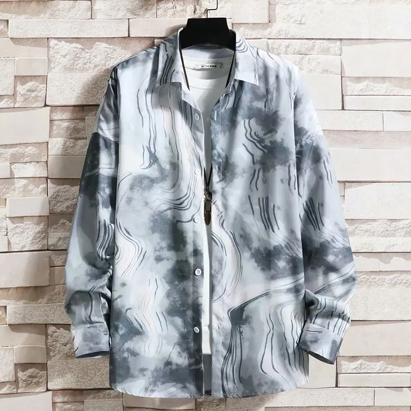 Men's Long Sleeve Floral Shirt Grey White Loose Casual Hong Kong Style - Image 2