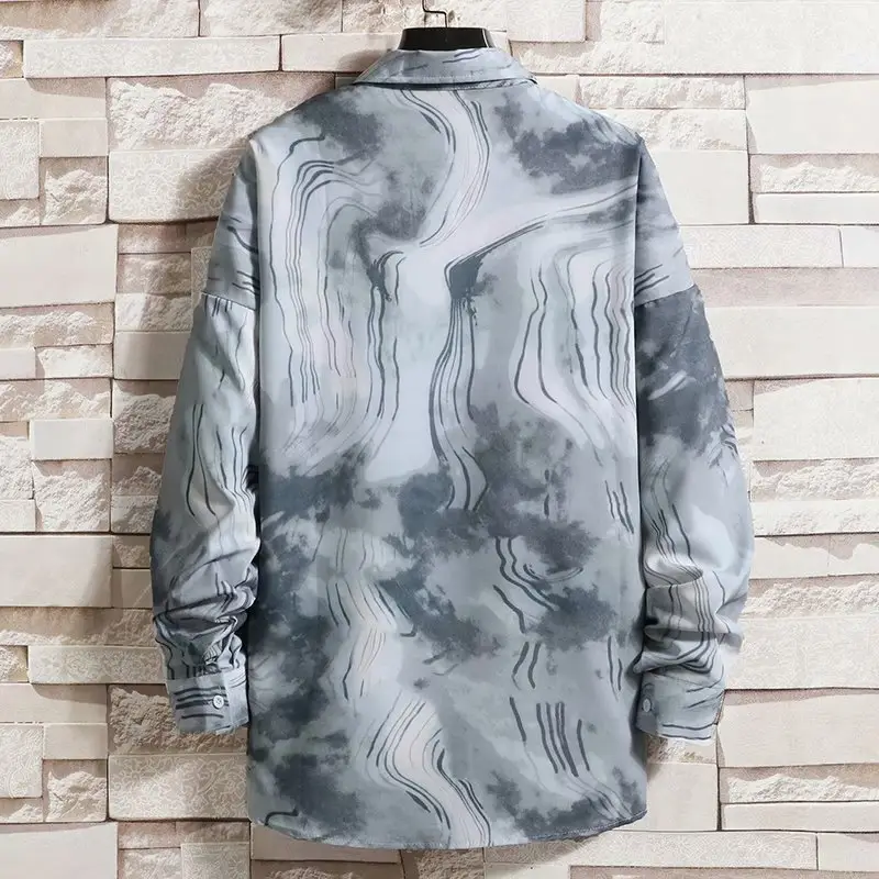 Men's Long Sleeve Floral Shirt Grey White Loose Casual Hong Kong Style - Image 3