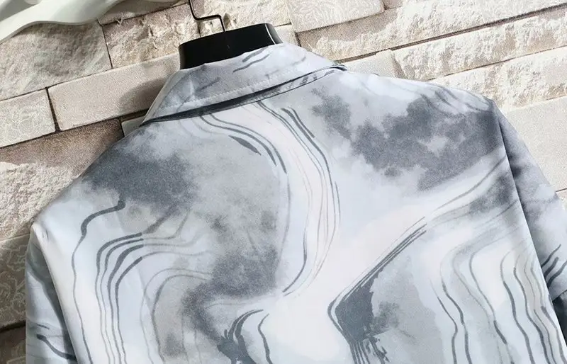 Men's Long Sleeve Floral Shirt Grey White Loose Casual Hong Kong Style - Image 4
