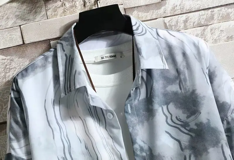 Men's Long Sleeve Floral Shirt Grey White Loose Casual Hong Kong Style - Image 6