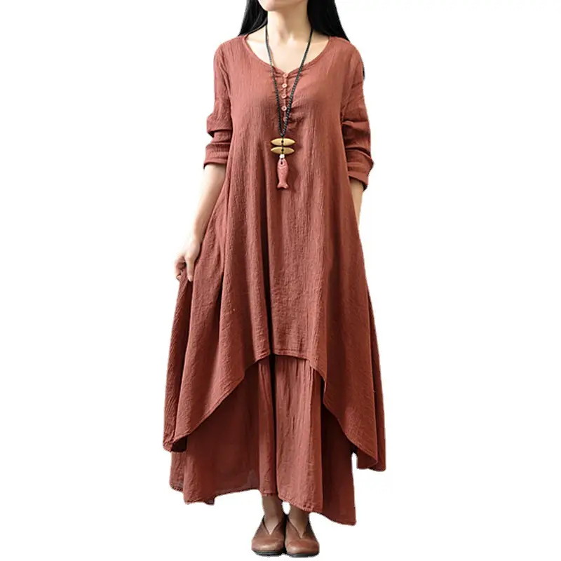 2022 Fake Linen Dress Long Sleeve Cotton Linen Artistic Large Swing - Image 10