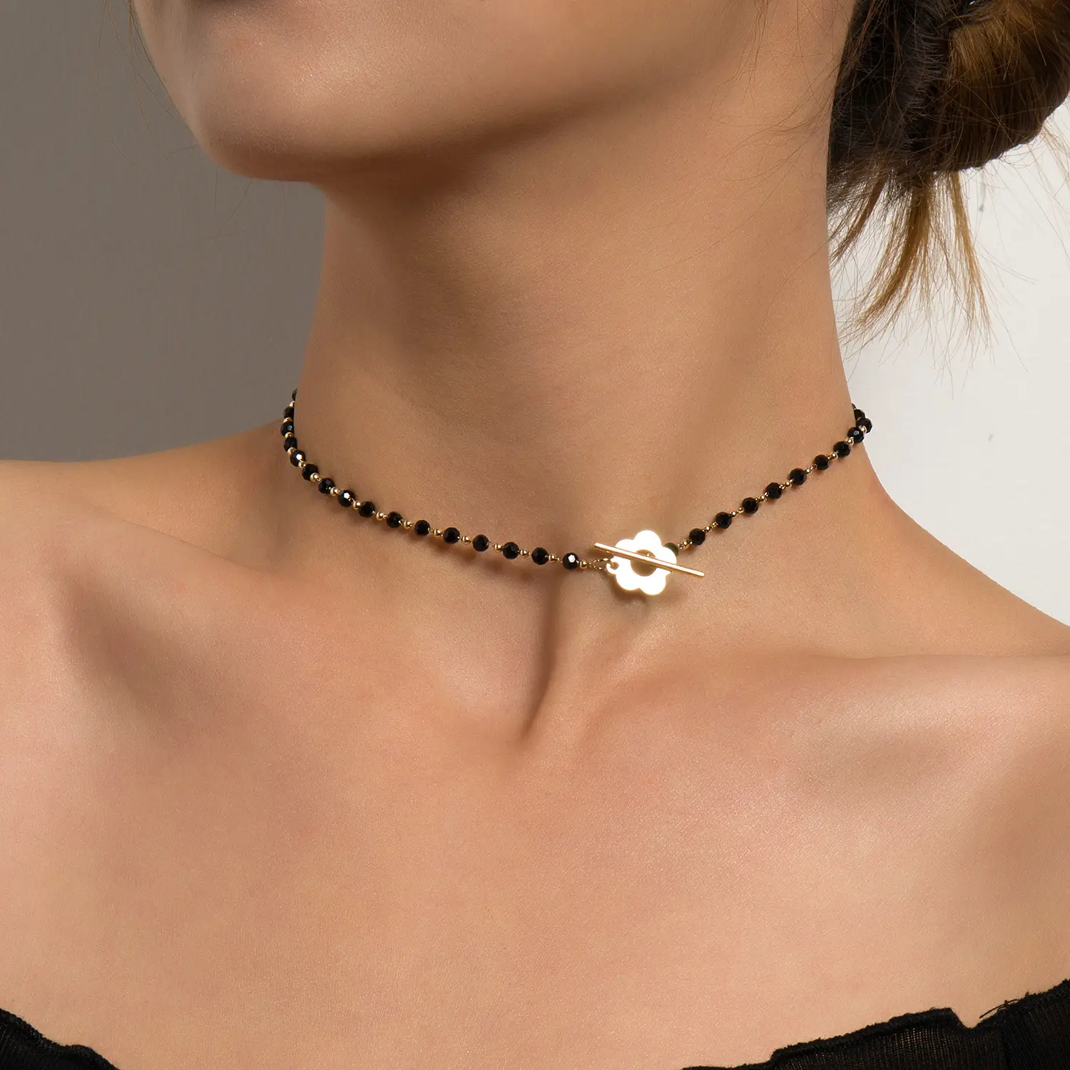 Black Crystal Bead Chain with Gold Clasp