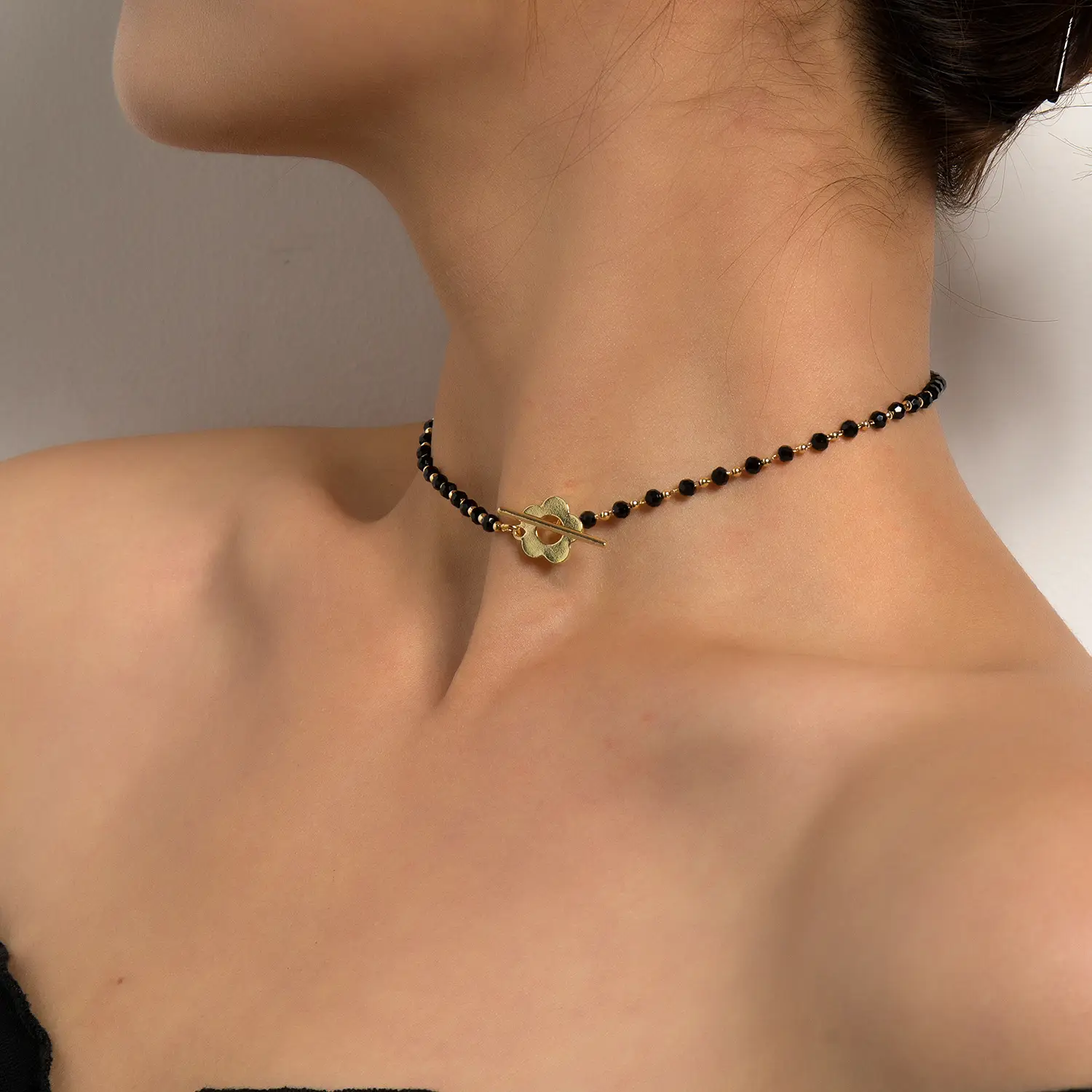 Black Crystal Bead Chain with Gold Clasp