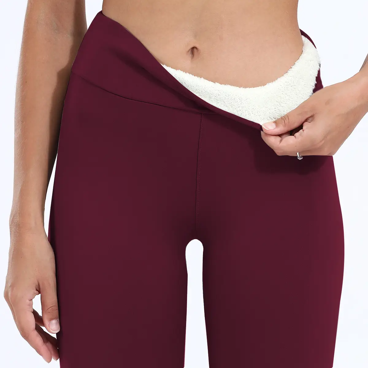 Women Fleece Leggings Maroon High Waist Thick - Image 3