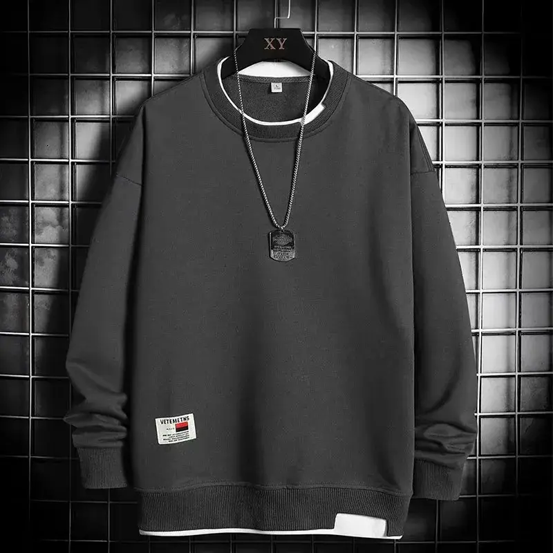 Men Black Fleece Lined Loose Crewneck Sweater