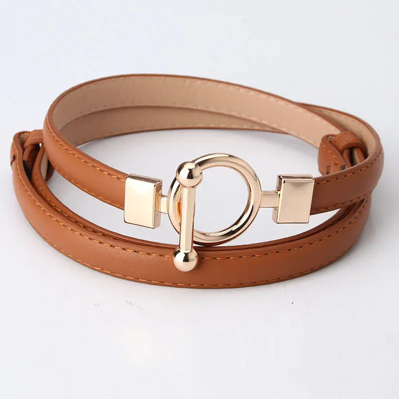 Women Adjustable Dark Leather Belt with Gold Ring Closure - Image 7