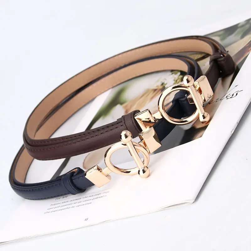 Women Adjustable Dark Leather Belt with Gold Ring Closure - Image 8