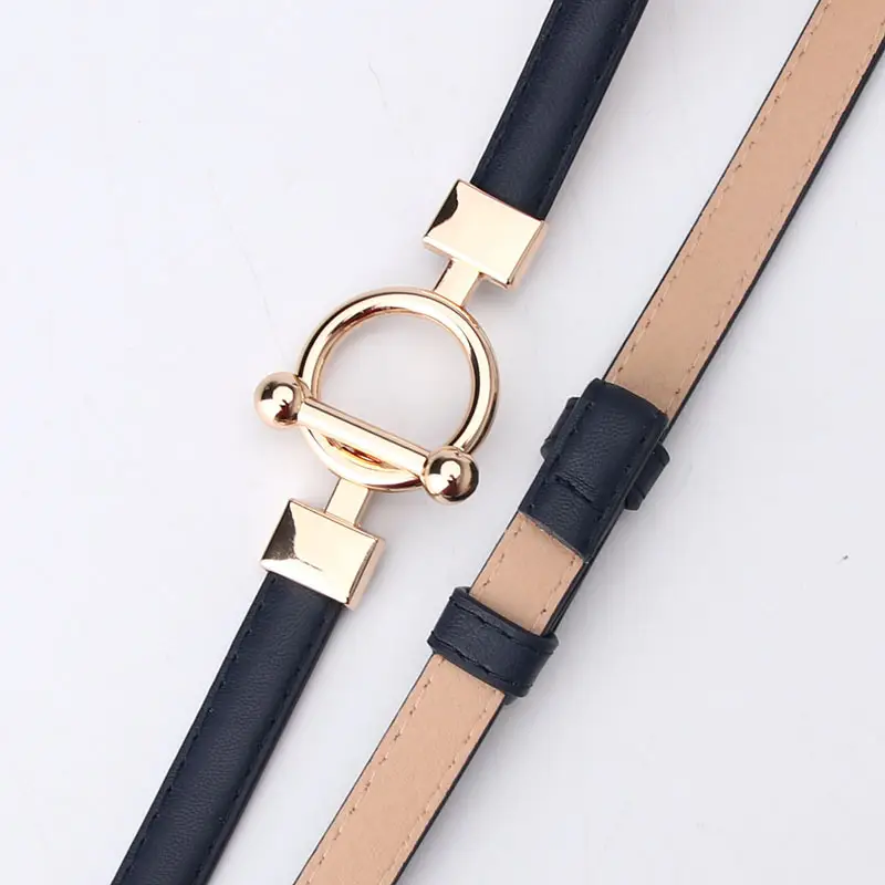 Women Adjustable Dark Leather Belt with Gold Ring Closure - Image 9