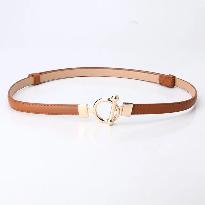 Women Adjustable Dark Leather Belt with Gold Ring Closure - Image 4