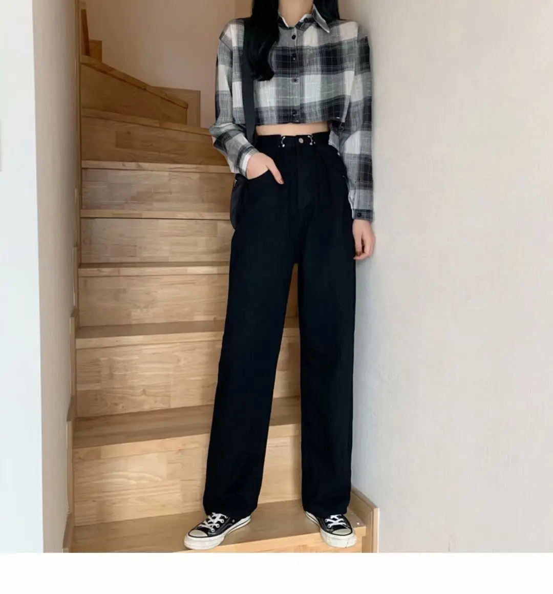 Women Plaid Crop Jeans Set Autumn Spring Slimming - Image 2