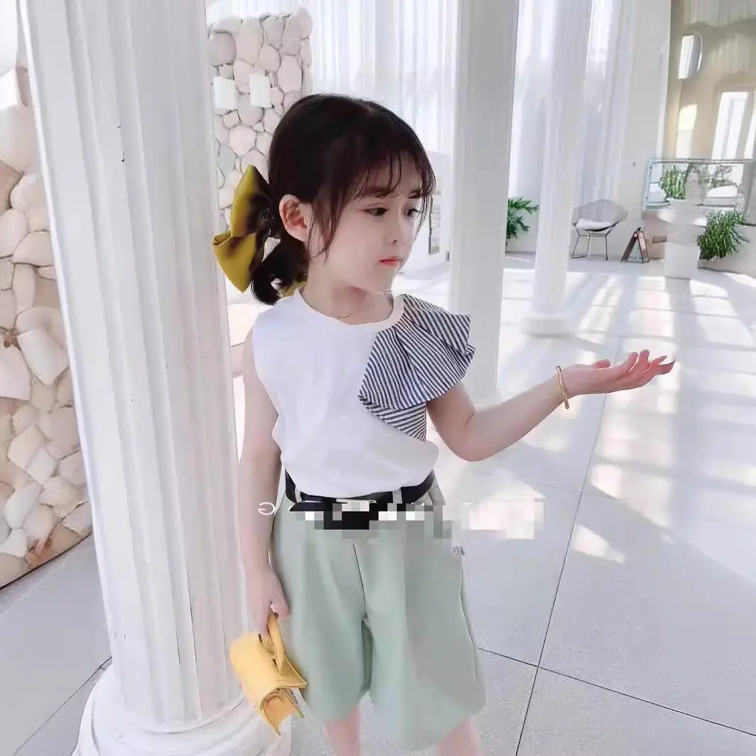 Girls Summer Outfit White Striped Top Green Shorts Set with Belt - Image 4