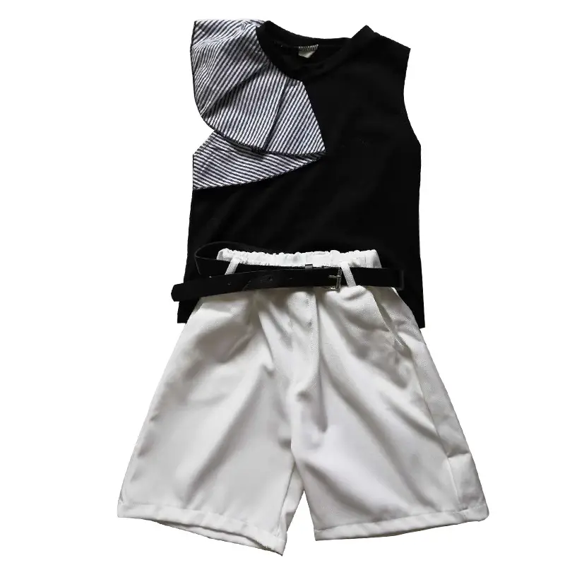 Girls Summer Outfit White Striped Top Green Shorts Set with Belt - Image 7