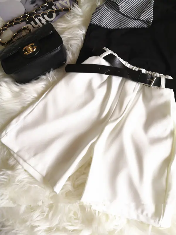 Girls Summer Outfit White Striped Top Green Shorts Set with Belt β feature 11