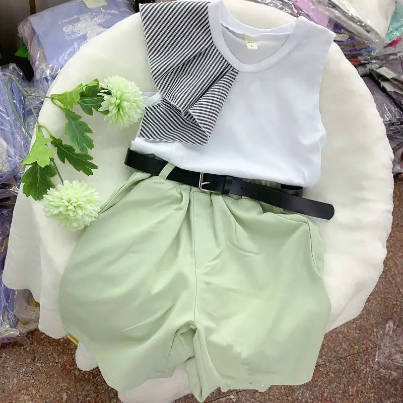 Girls Summer Outfit White Striped Top Green Shorts Set with Belt - Image 2
