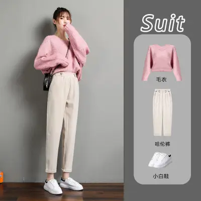 Women Woolen Carrot Pants Cream Loose Fit High Waist - Image 5