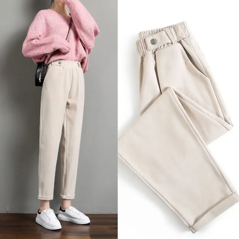 Women Woolen Carrot Pants Cream Loose Fit High Waist — feature 1