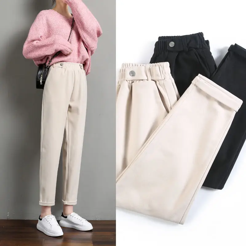 Women Woolen Carrot Pants Cream Loose Fit High Waist — feature 2