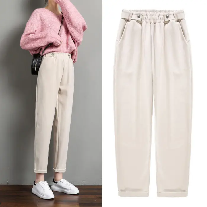 Women Woolen Carrot Pants Cream Loose Fit High Waist - Image 2