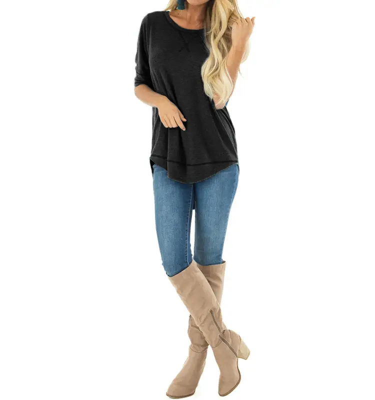 Women's 2026 Autumn Wear Round Neck Long Sleeve T-Shirt Solid Color Loose Top - Image 5