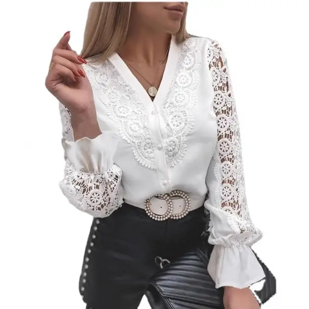 White Lace Long Sleeve V-Neck Button-Up Shirt for Women - Image 5