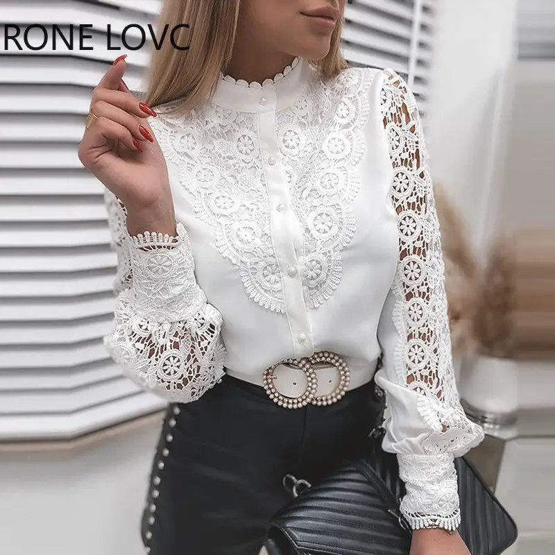 White Lace Long Sleeve V-Neck Button-Up Shirt for Women — feature 3
