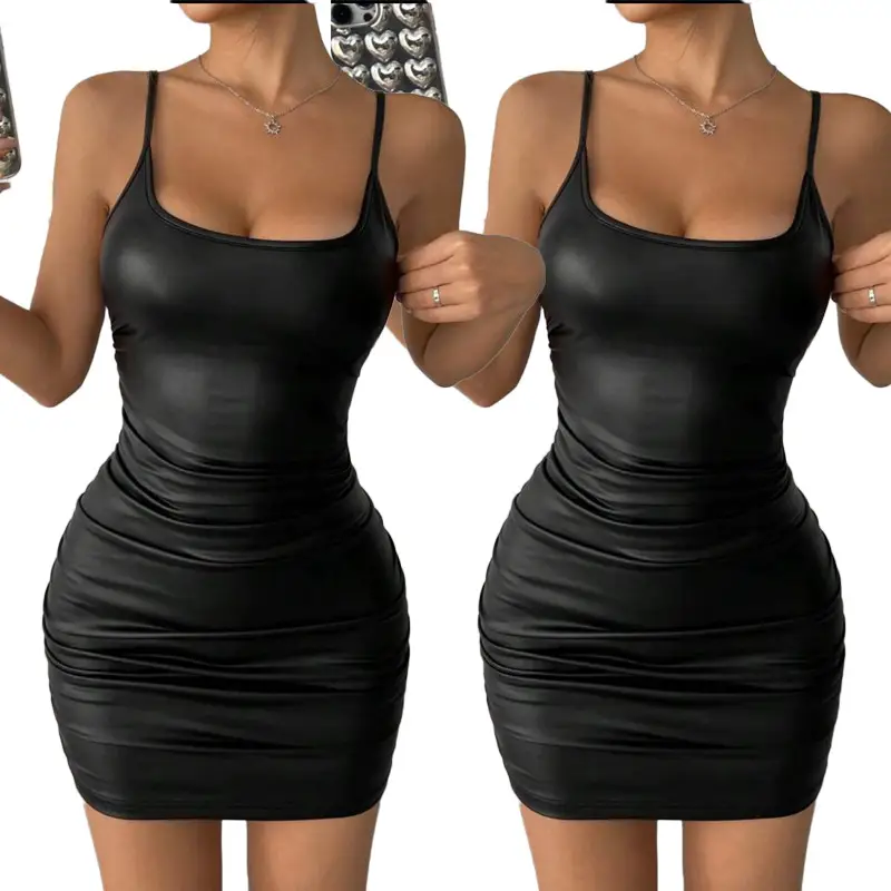 Black Glossy Patent Leather Hip Skirt Dress for Women
