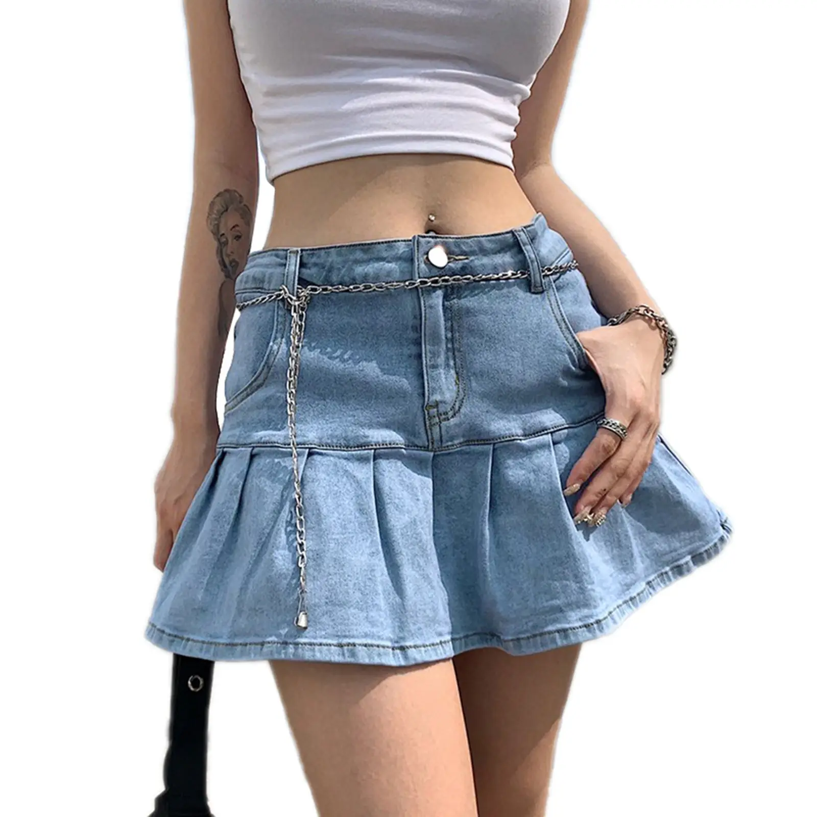 Women Denim Shorts with Belt & Chain Accessory - Image 5