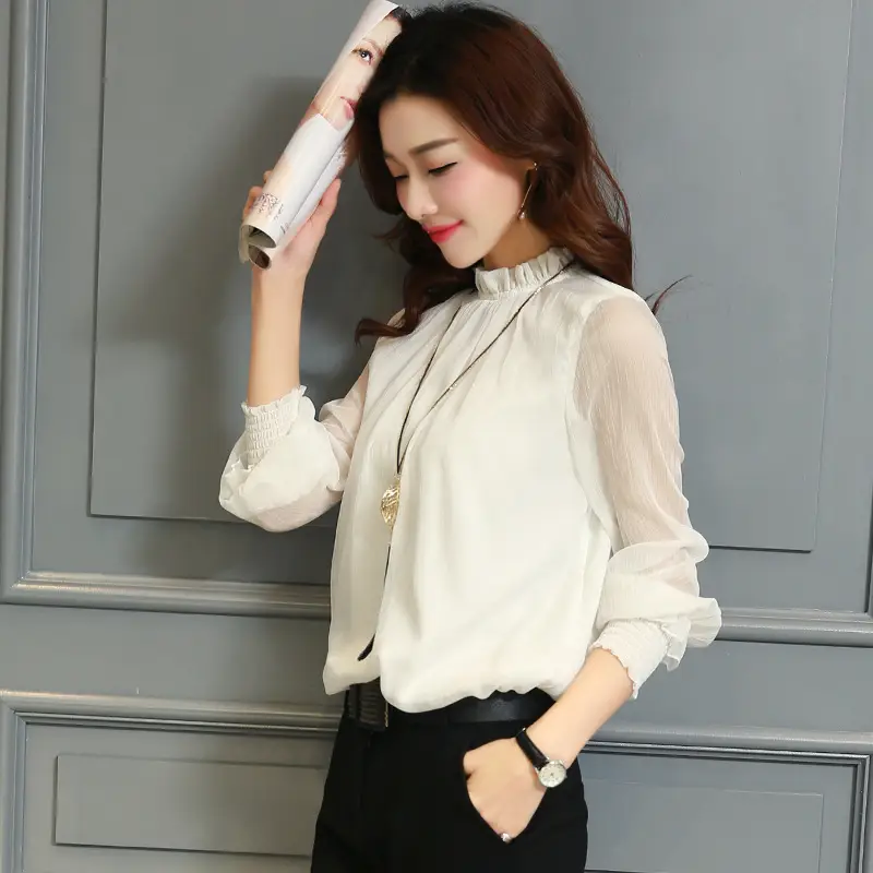 White Lace Chiffon Ruffled Shirt Plus Size Women - Image 3