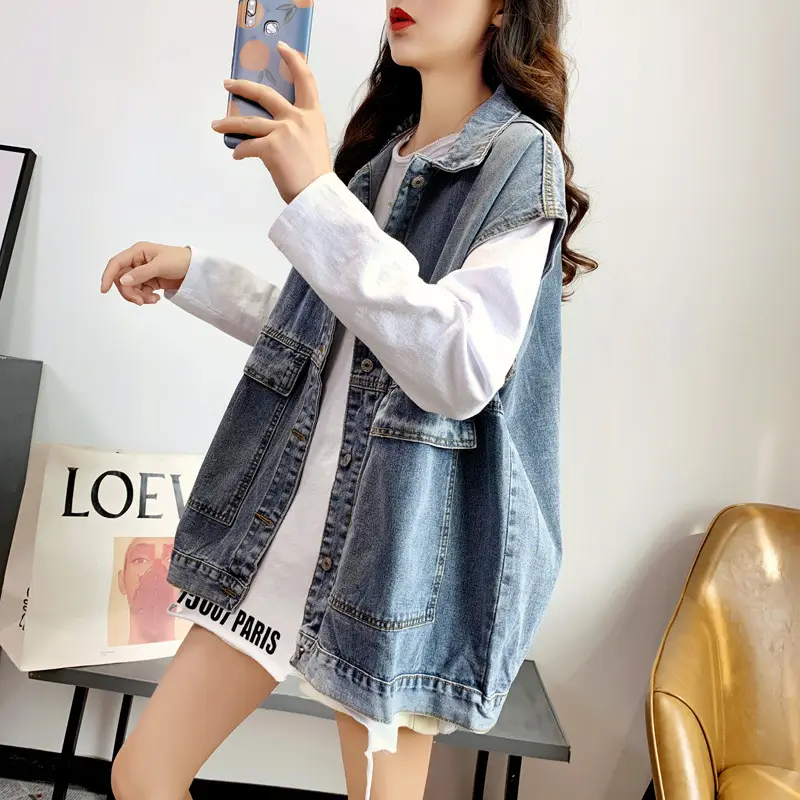 Women Denim Vest Jacket New Korean Style Loose Waistcoat Outerwear