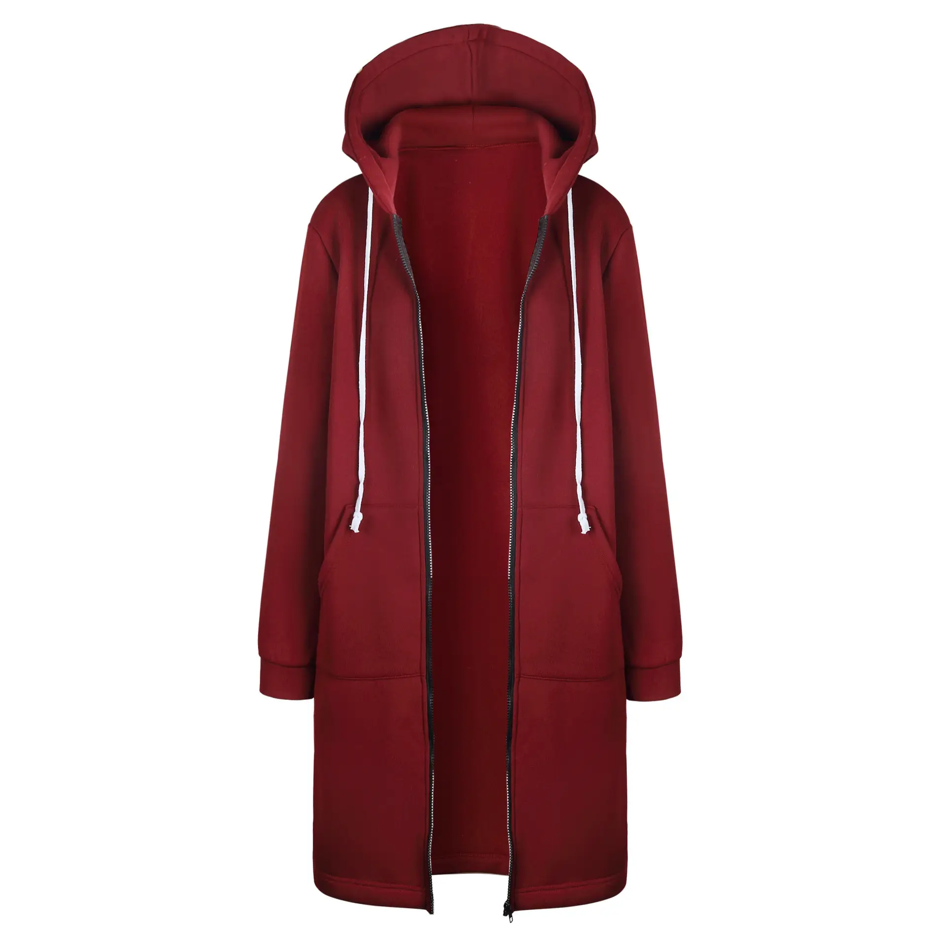 Pink Velvet Hooded Zipper Trench Coat for Women - Image 3