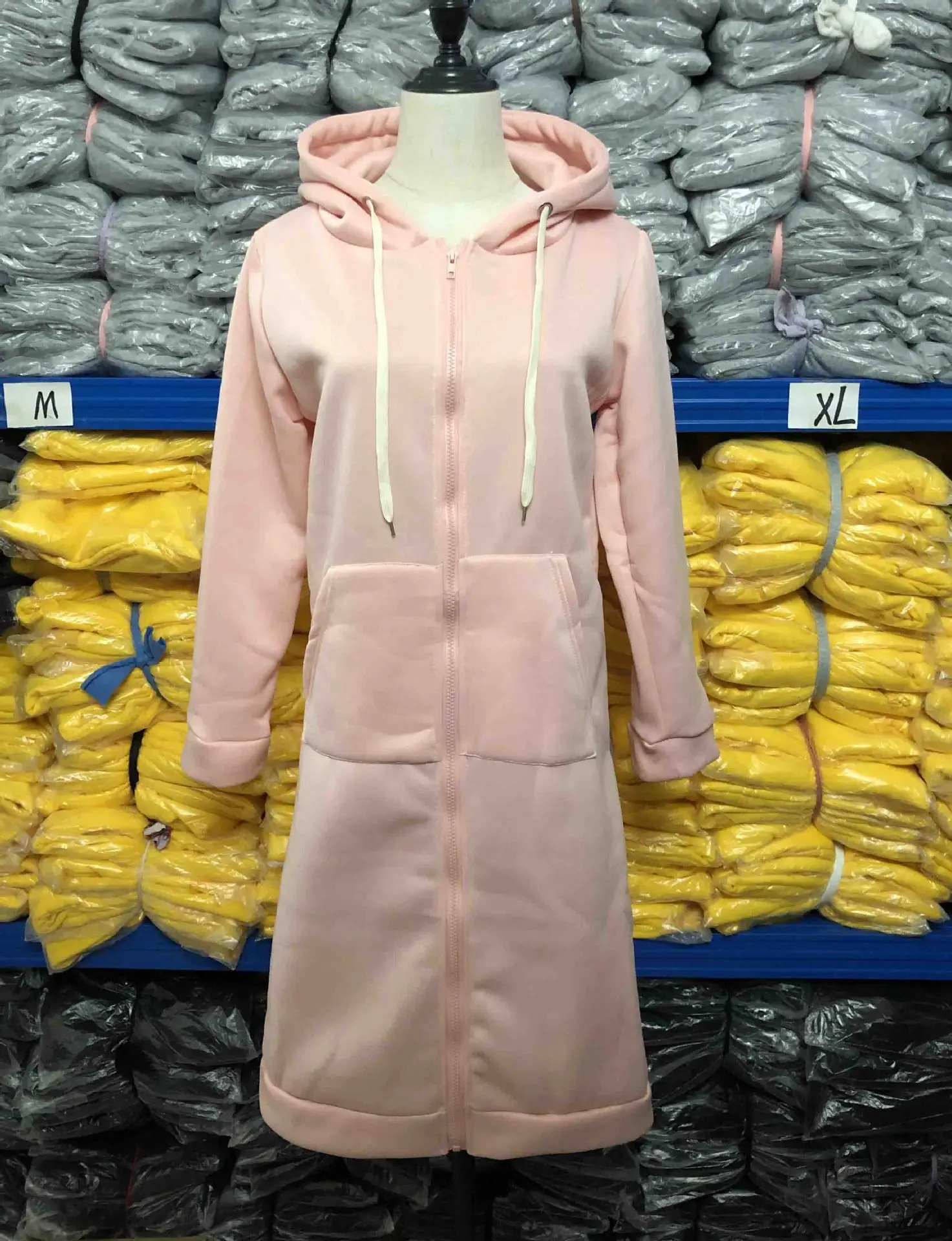 Pink Velvet Hooded Zipper Trench Coat for Women - Image 7