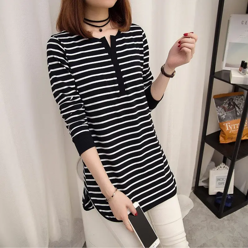 Women's Black White Striped Long Sleeve V-Neck Top - Image 4