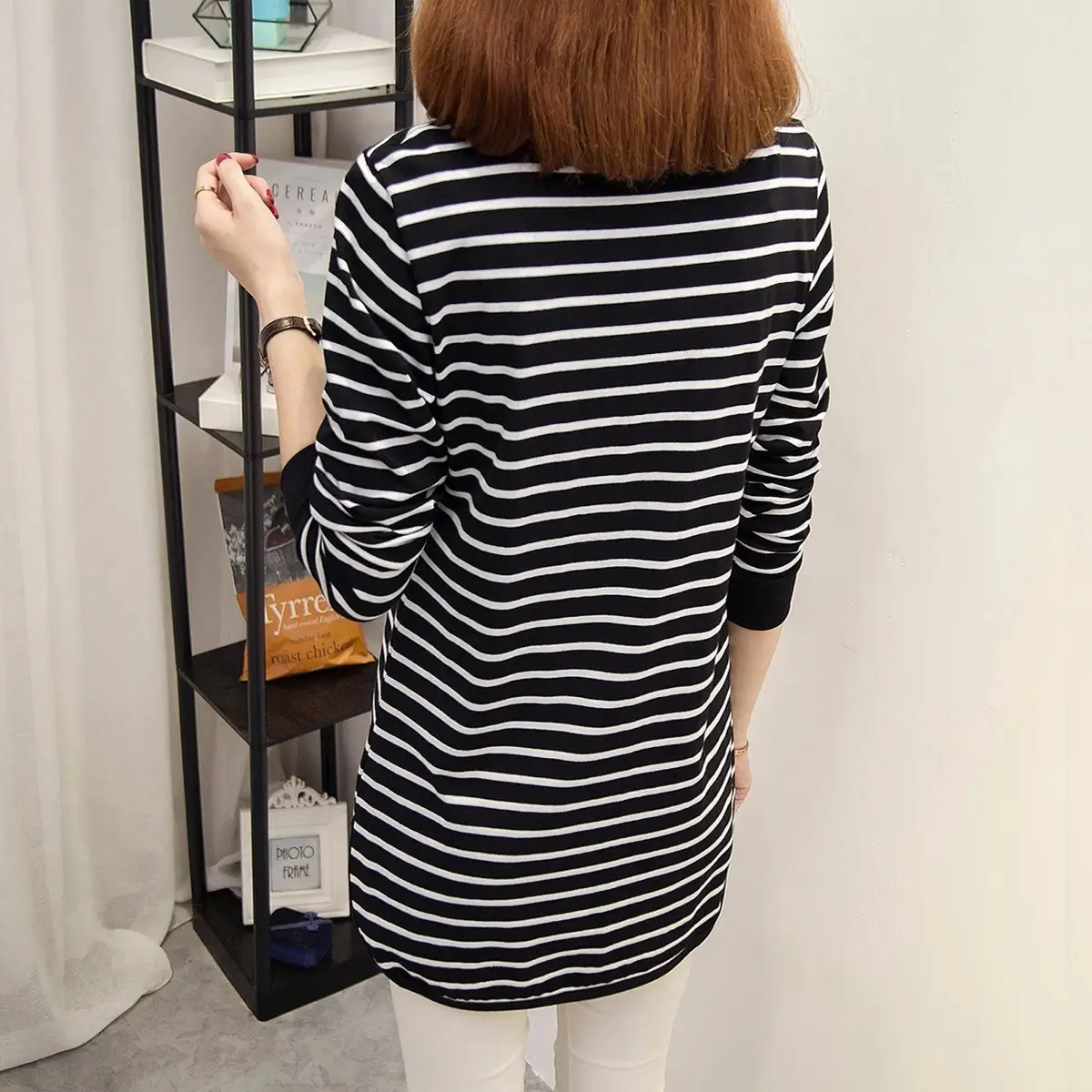 Women's Black White Striped Long Sleeve V-Neck Top - Image 5