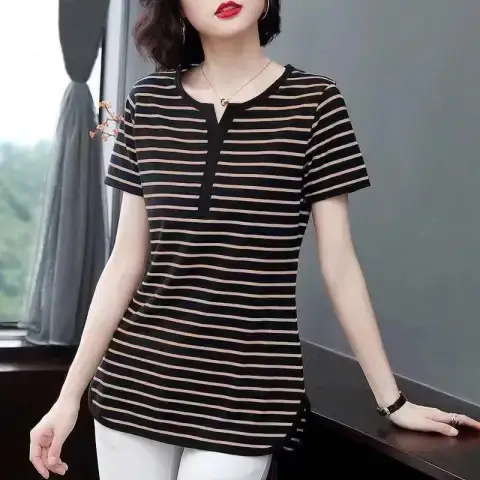 Women's Black White Striped Long Sleeve V-Neck Top - Image 6